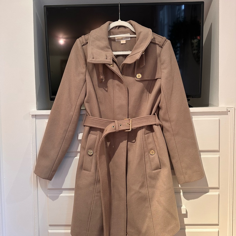 Michael Kors Taupe Belted Trench Coat with Gold-Tone Buttons